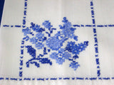 Guest Towel Pair Hand Embroidered Cross Stitch Blue And White Floral 1940s