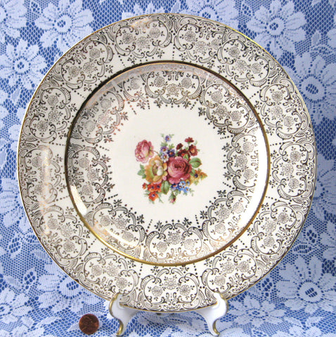 Charger Homer Laughlin Layfayette China Service Plate 22kt Gold Overlay Floral Bouquet 1940s