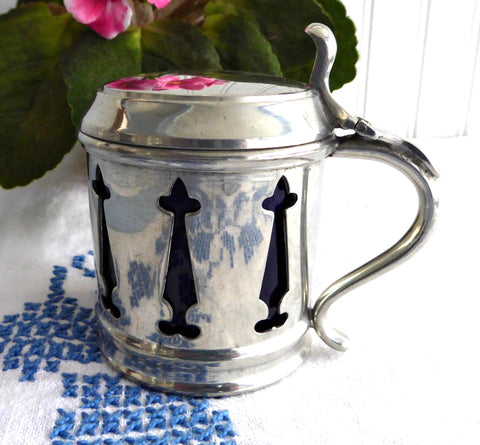 Mappin And Webb Gothic 1940s Mustard Jam Cobalt Blue Ceramic Liner Silver Plated Cruet