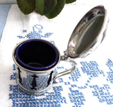 Mappin And Webb Gothic 1940s Mustard Jam Cobalt Blue Ceramic Liner Silver Plated Cruet