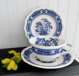Teacup Trio Ironstone Blue Transferware Masons Manchu 1940s TLC