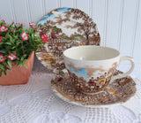 Coaching Days Breakfast Size Teacup Trio Polychrome Transferware 1940s