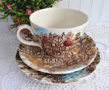 Coaching Days Breakfast Size Teacup Trio Polychrome Transferware 1940s