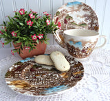 Coaching Days Breakfast Size Teacup Trio Polychrome Transferware 1940s