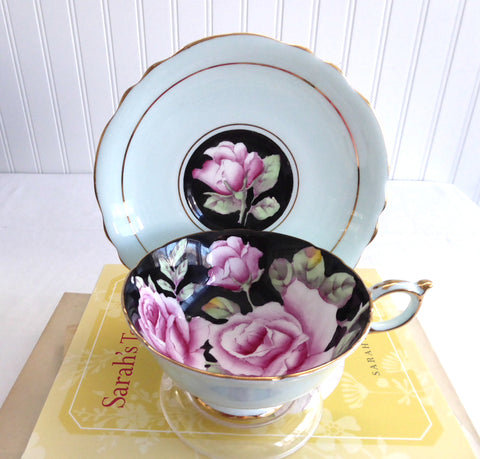 Paragon Cup And Saucer Gorgeous Aqua Pink Roses On Black 1940s Hand Painted