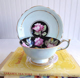 Paragon Cup And Saucer Gorgeous Aqua Pink Roses On Black 1940s Hand Painted