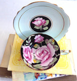 Paragon Cup And Saucer Gorgeous Aqua Pink Roses On Black 1940s Hand Painted
