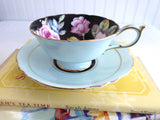Paragon Cup And Saucer Gorgeous Aqua Pink Roses On Black 1940s Hand Painted