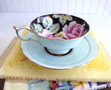 Paragon Cup And Saucer Gorgeous Aqua Pink Roses On Black 1940s Hand Painted