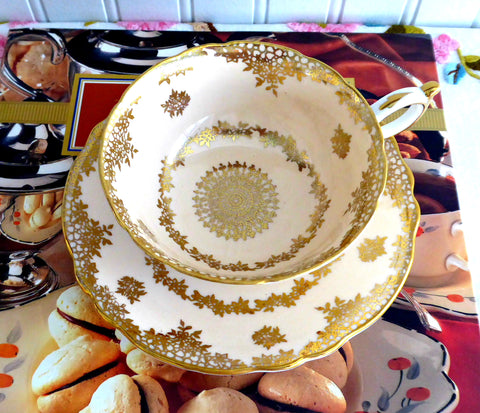Gold Overlay Peach Paragon Cup And Saucer Elegant 1940s Gold Medallion Double Warrant