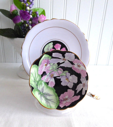 Geraniums Paragon Cup And Saucer Gorgeous Lavender Black 1920s Hand Painted