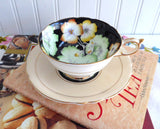 Apricot Geraniums Paragon Cup And Saucer Gorgeous Peach Black 1940s Hand Painted