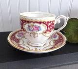 Queen Anne Regency English Cup And Saucer 1950s Floral Maroon Scrolls Elegant