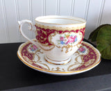 Queen Anne Regency English Cup And Saucer 1950s Floral Maroon Scrolls Elegant