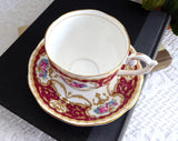 Queen Anne Regency English Cup And Saucer 1950s Floral Maroon Scrolls Elegant