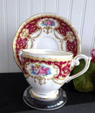 Queen Anne Regency English Cup And Saucer 1950s Floral Maroon Scrolls Elegant