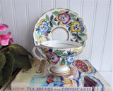 Rosina Pansy Cup And Saucer Colorful Hand Colored Pansies 1940s