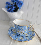 Shelley Blue Daisy Chintz Cup and Saucer Rare Dorothy Shape England Teacups