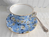 Shelley Blue Daisy Chintz Cup and Saucer Rare Dorothy Shape England Teacups
