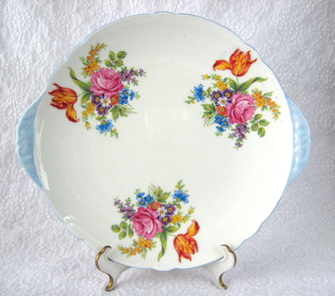 Shelley England Tabbed Cake Plate Davies Tulip Blue Trim Round Sandwich Serving Plate