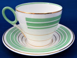 Shelley Art Deco Cup and Saucer Oxford Shape Green Gold Bands 1934-1939