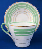 Shelley Art Deco Cup and Saucer Oxford Shape Green Gold Bands 1934-1939
