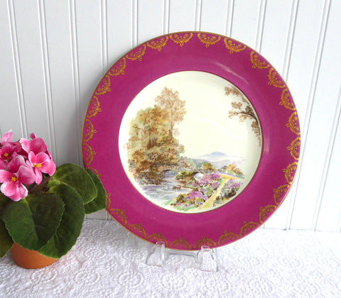Fancy Shelley Dinner Plate Maroon Heather Gold Overlay 10.75 Inch Plate 1950s