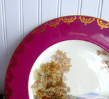 Fancy Shelley Dinner Plate Maroon Heather Gold Overlay 10.75 Inch Plate 1950s