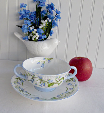 Shelley Dainty Harebell Cream Soup Cup and Saucer Large Double Handle Cup 1940s