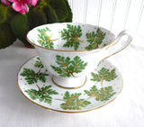 Shelley England Cup and Saucer Gold Veined Green Leaves Gainsborough 1950s Pedestal