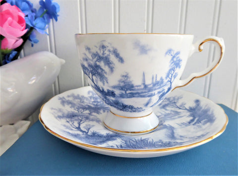 Blue And White French Toile Landscape Cup And Saucer Tuscan England 1930s