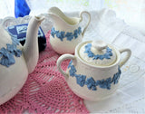 Wedgwood Sugar And Creamer Embossed Queensware Blue On White Grapevine 1940s