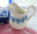 Wedgwood Sugar And Creamer Embossed Queensware Blue On White Grapevine 1940s