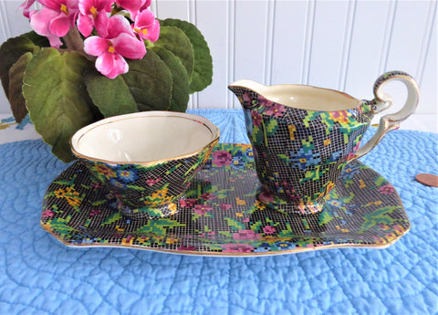 Black Victorian Chintz Royal Winton Sugar Cream And Tray 1940s Petit Point Floral