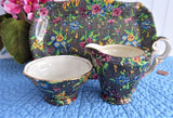 Black Victorian Chintz Royal Winton Sugar Cream And Tray 1940s Petit Point Floral