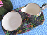 Black Victorian Chintz Royal Winton Sugar Cream And Tray 1940s Petit Point Floral