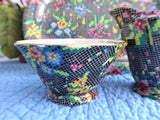 Black Victorian Chintz Royal Winton Sugar Cream And Tray 1940s Petit Point Floral