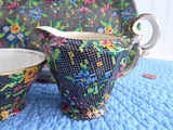 Black Victorian Chintz Royal Winton Sugar Cream And Tray 1940s Petit Point Floral