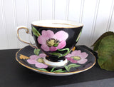 Dramatic Hand Painted Floral Cup And Saucer Black Pink Poppies Tuscan 1940s