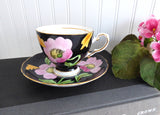 Dramatic Hand Painted Floral Cup And Saucer Black Pink Poppies Tuscan 1940s