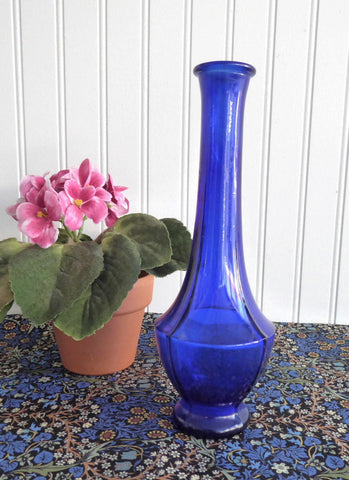 Cobalt Blue Glass Vase 1940s Art Deco Paneled Bud Vase Vintage Art Glass Mold Blown