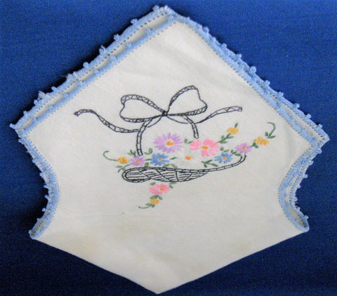 Bread Cover Roll Hand Embroidered Linen Flower Basket 1940s Flower Basket