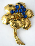 Figural Blue Rhinestones Flower Brooch Pin 1940s Gold Pin Large Lily Elegant