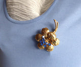 Figural Blue Rhinestones Flower Brooch Pin 1940s Gold Pin Large Lily Elegant