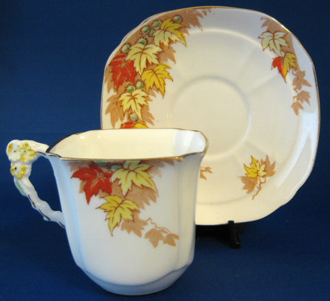 Fall Leaves Cup and Saucer Flower Handle Royal Stafford 1940s Square C –  Antiques And Teacups