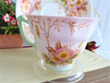 Blush Pink Wild Roses And Trees Cup And Saucer Art Deco Hand Colored Transferware 1940s