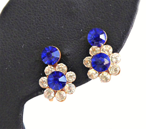Rhinestone Earrings Blue And Clear Rhinestone Flower Shape Screw Backs 1940s