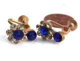 Rhinestone Earrings Blue And Clear Rhinestone Flower Shape Screw Backs 1940s