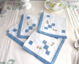 Napkins Blue Border Set of 4 Tea Party Cocktail Embroidered Appliqued 1940s Linen Tea Party