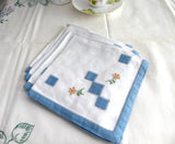 Napkins Blue Border Set of 4 Tea Party Cocktail Embroidered Appliqued 1940s Linen Tea Party